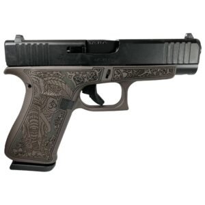 Black handgun with intricate floral engravings on the handle and lower frame.