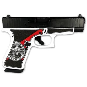 Black and white handgun with red accents and florida state seal design on the grip.