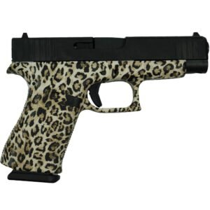 Leopard print handgun with a black slide.