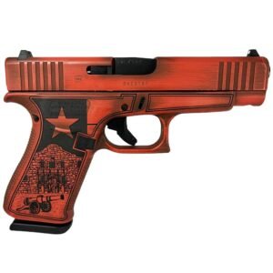 Red and black glock handgun with custom engraving including a star and building design.