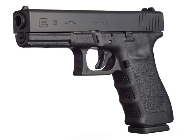 Black glock handgun, 10mm auto model, shown in profile view on a white background.
