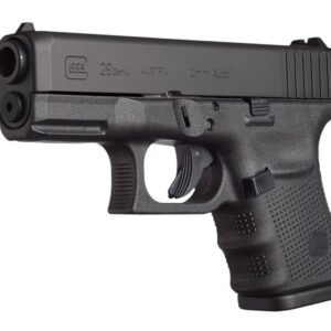 A black glock 29 gen 4 handgun with a dark gray slide chambered for 10mm auto.