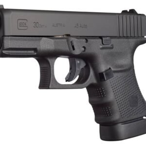 Black glock 30 gen 4. 45 auto pistol with textured grip.