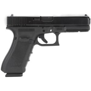 Alt text: "black handgun with textured grip, side view on white background. "