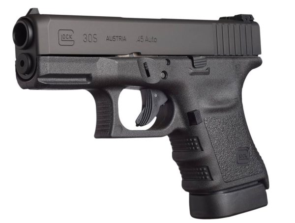 Black glock 30s. 45 auto pistol with detailed textured grip and matte black slide.