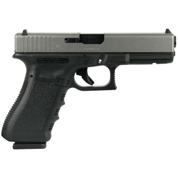 Black glock handgun with a dark gray slide, textured grip, and visible trigger, typically associated with firearms and ammo in casey, iowa.