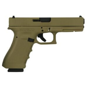 Olive green handgun with black accents, featuring a textured grip and sleek design.