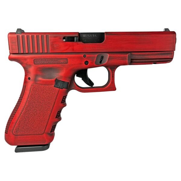 Red glock pistol with textured grip, black accents, and slide markings.