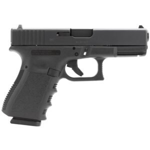 Black semi-automatic glock pistol with textured grip and visible trigger detail.