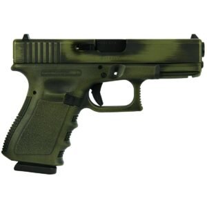 Olive green and black semi-automatic pistol with textured grip designed for better handling.