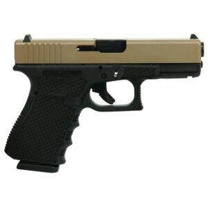 Tan and black handgun with textured grip.