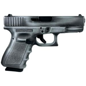 Black and gray semi-automatic handgun with textured grip and slide markings.