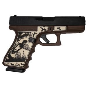 Brown and black handgun with engraved wildlife scene featuring ducks in flight and reeds, suitable for firearms enthusiasts in casey, iowa.