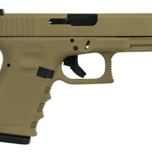 Tan glock pistol with black trigger and accents on a white background.