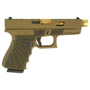 Brown and gold custom glock handgun with textured grip detailing, featuring engraved patterns and a gold barrel.