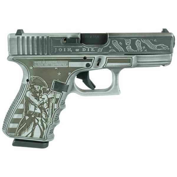 Silver and gray handgun with engraved "join, or die. " text and colonial-themed artwork featuring a historical figure and snake imagery.