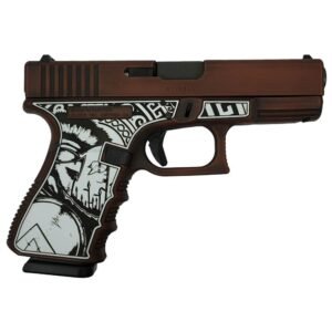 Brown and black handgun with intricate white and black custom artwork on the grip.