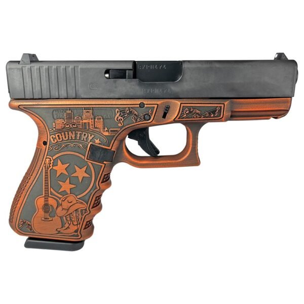 A black and copper-colored handgun with intricate country-themed engravings on the grip, featuring guitars, stars, and musical notes.