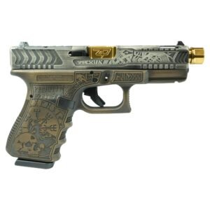 A custom glock pistol with intricate engravings on a bronze-colored frame and slide, featuring a golden barrel tip and decorative details.