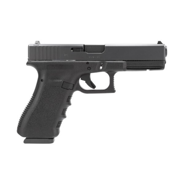 Black handgun with textured grip, side view, featuring a magazine release button, trigger, and slide serrations.