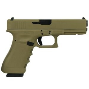 Tan-colored semi-automatic handgun with textured grip and black trigger.