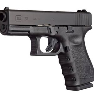 Black glock 23 pistol with textured grip and. 40 caliber markings, viewed from the side.