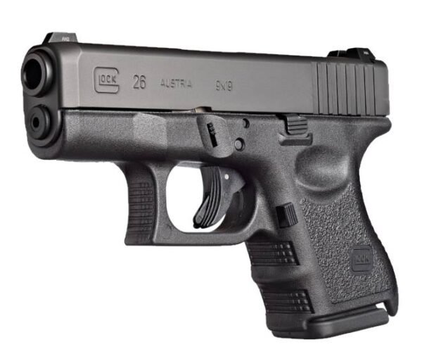 Black glock 26 pistol chambered in 9mm, angled view showing grip texture and slide markings.