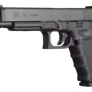 Black semi-automatic glock 35 pistol with textured grip and metal slide.