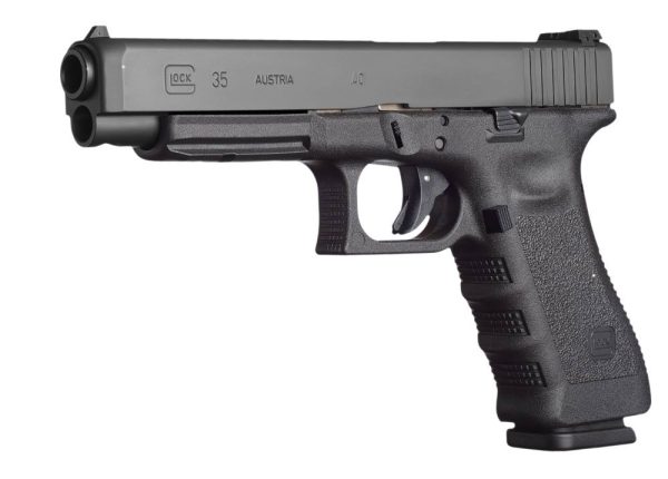 A black and gray glock 35 pistol, highlighting its textured grip and sleek slide design.