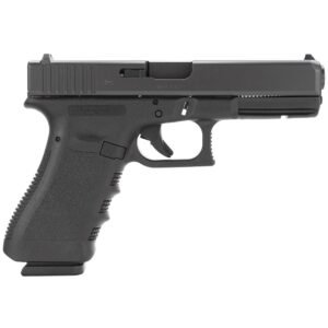 A black semi-automatic handgun with textured grip and visible slide details, positioned on a white background.