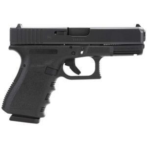 Black handgun with textured grip and slide, viewed from the side.