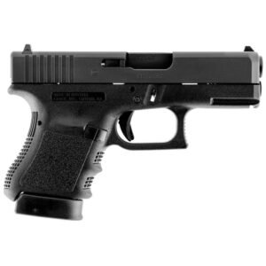 Black glock handgun with textured grip and visible branding.