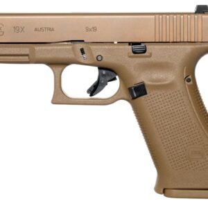 Tan glock 19x pistol with textured grip and black trigger.