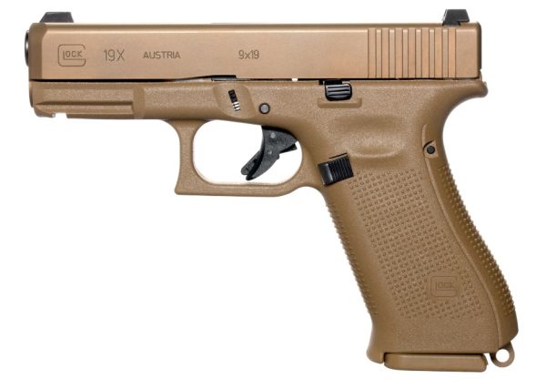 Tan glock 19x pistol with textured grip and black trigger.