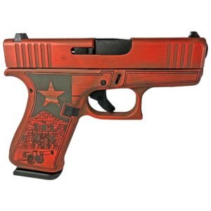 Red handgun with detailed engravings of a star, building, and cannon on the grip.