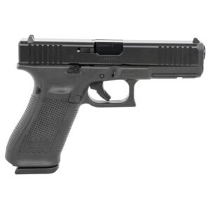 Black semi-automatic handgun with textured grip, detailed markings, isolated on white background. Keywords: firearms, guns, ammo, bag, iowa, casey iowa.