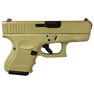 Tan glock handgun with black accents, including slide and trigger, positioned against a plain backdrop.