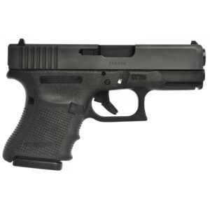 Black semi-automatic pistol, side view, showing textured grip and compact design.