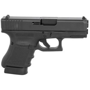 Black semi-automatic pistol, shown in a left-side profile, featuring a textured grip and compact design.