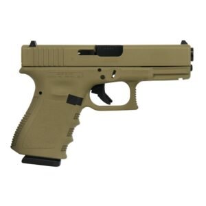 Tan glock handgun with a black trigger and sights against a white background.