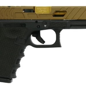 Black and tan firearm with textured grip and custom slide design, featuring an extended threaded barrel.