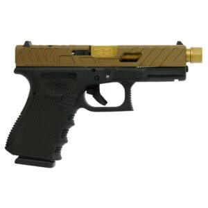 Two-tone handgun with a black grip and textured pattern, bronze slide featuring angular designs, and a raised barrel.