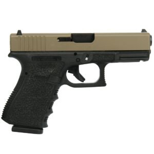 A two-tone handgun with a tan slide and black textured grip.