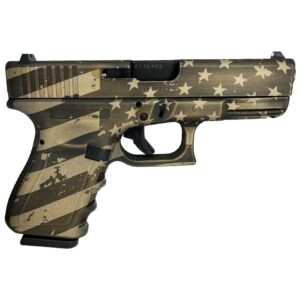 Tan and black handgun with an american flag and stars pattern on the grip and slide.