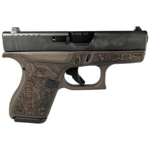 A pistol with an intricately engraved dark brown grip and black slide.