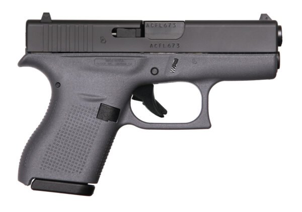 Black and gray handgun on a white background.