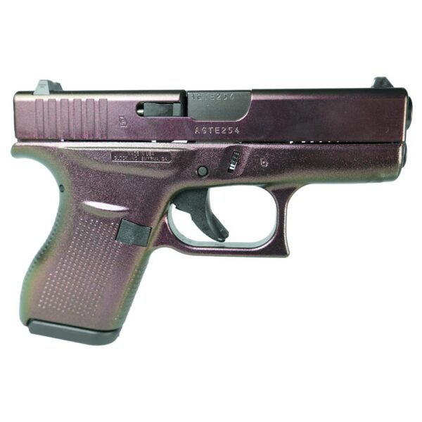 Purple handgun with a glossy finish, featuring textured grip and black accents; keywords: firearms, guns, ammo, casey iowa.