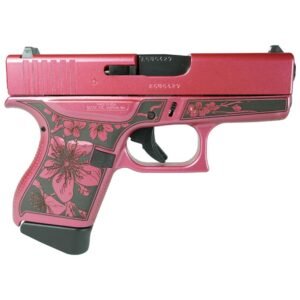 Pink handgun with floral engravings, featuring a black trigger and slide, designed for personal use or display.