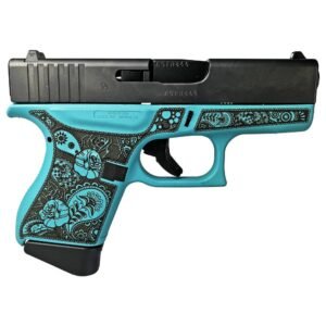 A turquoise and black handgun with intricate floral designs on the grip, suitable for firearms enthusiasts in casey, iowa.