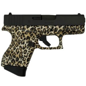 Leopard print handgun with a black slide and trigger.